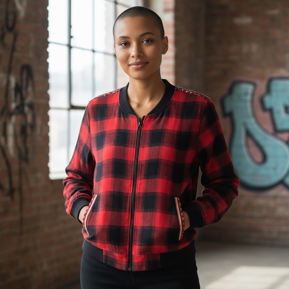 Ruff Hewn Red Buffalo Plaid‎ Bomber Jacket Tribal Trim XL